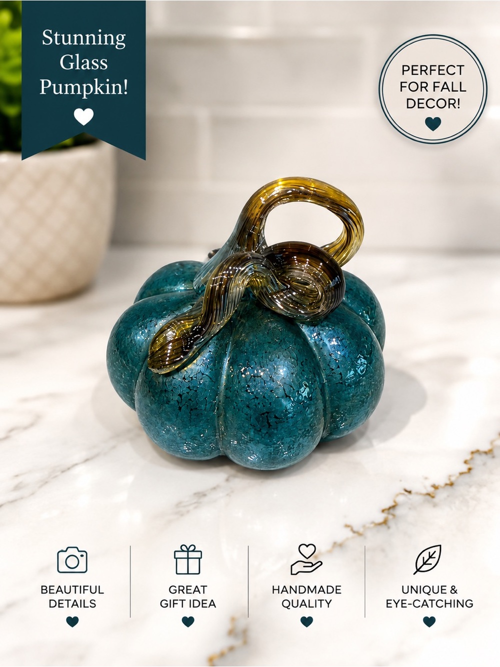 Handmade Teal Glass Pumpkin with Amber Stem - Home Accents Decor